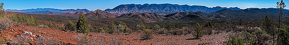 Wilpena to Heysen Range panorama, ABC Range foreground, from Brachina Viewpoint, Heysen Trail.