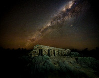 Dark Emu (upside down), Southern Cross & Milky Way above old woolshed at Witchelina Nature Reserve.